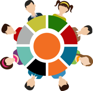 People around a color wheel.